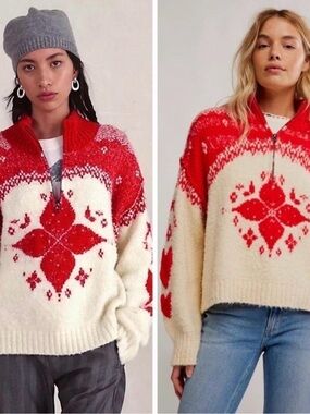 Free People Red & Cream Nordic Zip-Front Pullover Sweater